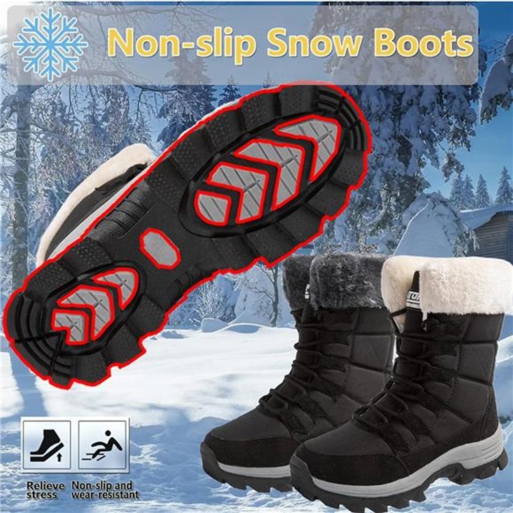 Women's Snow Boots Fur Lined Lace up Mid Calf Anti-Slip Winter Boots, Black/Gray - Picture 4 of 6